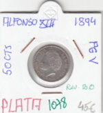 CRE1078 MONEDA  ESPAÑA ALFONSO XIII 50 CTS 1894 PGV REVERSO BRILLO ORIGINAL PLATA