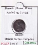 CRE3965 MONEDA ROMANA DENARIO ROMA APOLO 137 A.C. PLATA