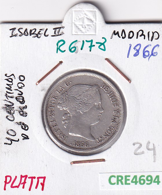 CRE4694 CRE4694 MONEDA ESPAÑA ISABEL II 40 CTMOS DE ESCUDO 1866 MADRID PLATA - Imagen 1