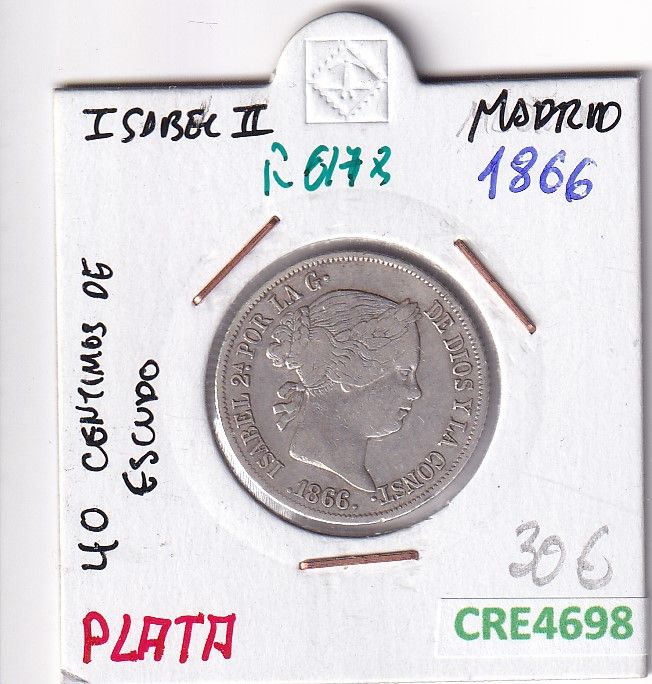 CRE4698 CRE4698 MONEDA ESPAÑA ISABEL II 40 CTMOS DE ESCUDO 1866 MADRID PLATA - Imagen 1
