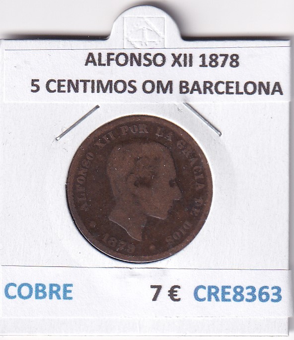 CRE8363 CRE8363 MONEDA ESPAÑA ALFONSO XII 1878 5 CENTIMOS OM BARCELONA COBRE - Imagen 1