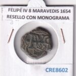 CRE8602 MONEDA ESPAÑA FELIPE IV 8 MARAVEDIS 1654  CORUÑA TIPO K5 VARIANTE K24 RESELLO CON MONOGRAMA