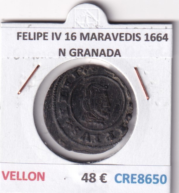 CRE8650 CRE8650 MONEDA ESPAÑA FELIPE IV 16 MARAVEDIS 1664 N GRANADA VELLON - Imagen 1
