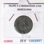 CRE8897 MONEDA ESPAÑA FELIPE V 2 MARAVEDIS 1720 BARCELONA COBRE