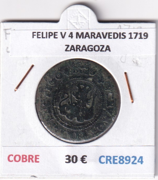 CRE8924 CRE8924 MONEDA ESPAÑA FELIPE V 4 MARAVEDIS 1719 ZARAGOZA COBRE - Imagen 1