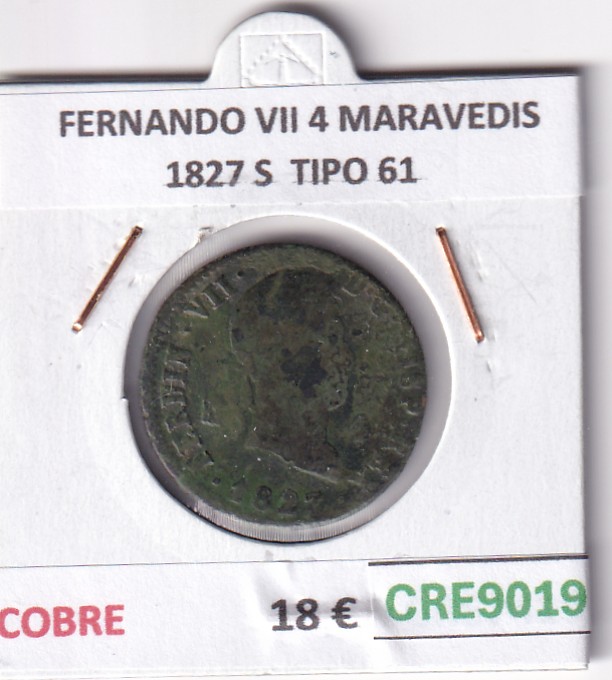 CRE9019 CRE9019 MONEDA ESPAÑA FERNANDO VII 4 MARAVEDIS 1827 S TIPO 61 COBRE - Imagen 1