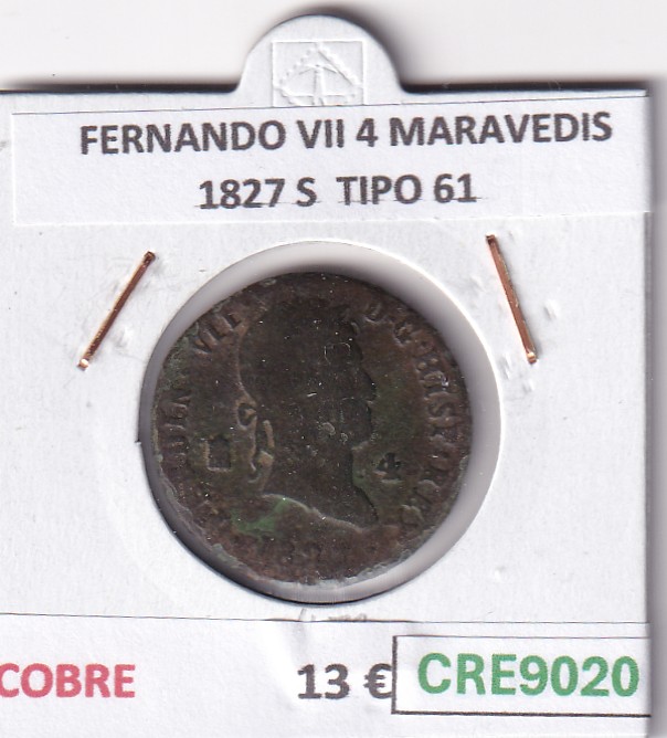 CRE9020 CRE9020 MONEDA ESPAÑA FERNANDO VII 4 MARAVEDIS 1827 S TIPO 61 COBRE - Imagen 1