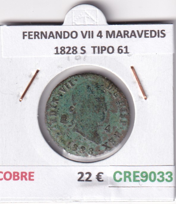 CRE9033 CRE9033 MONEDA ESPAÑA FERNANDO VII 4 MARAVEDIS 1828 S TIPO 61 COBRE - Imagen 1