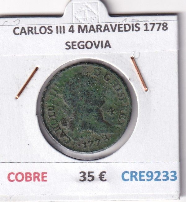 CRE9233 CRE9233 MONEDA ESPAÑA CARLOS III 4 MARAVEDIS 1778 SEGOVIA COBRE - Imagen 1