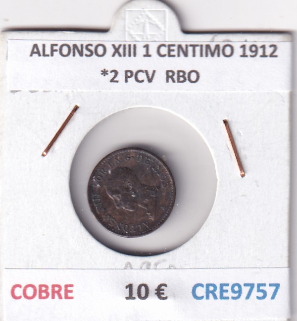 CRE9757 CRE9757 MONEDA ESPAÑA ALFONSO XIII 1 CENTIMO 1912 *2 PCV COBRE RBO - Imagen 1