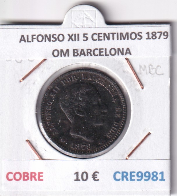 CRE9981 CRE9981 MONEDA ESPAÑA ALFONSO XII 5 CENTIMOS 1879 OM BARCELONA COBRE - Imagen 1