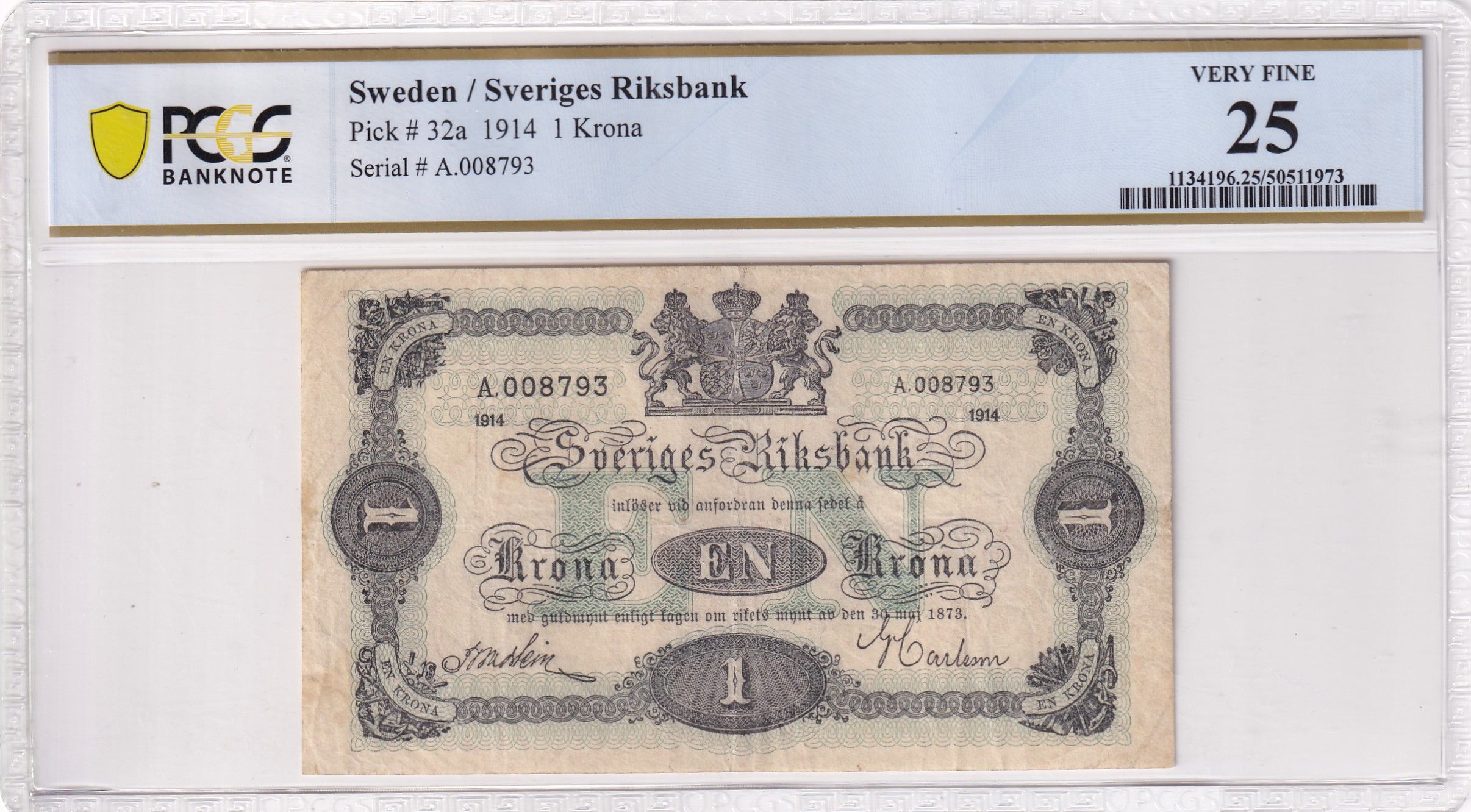 CRPMG039 CRPMG039 BILLETE ENCAPSULADO SUECIA 1 KRONA 1914 PCGS 25 - Imagen 1