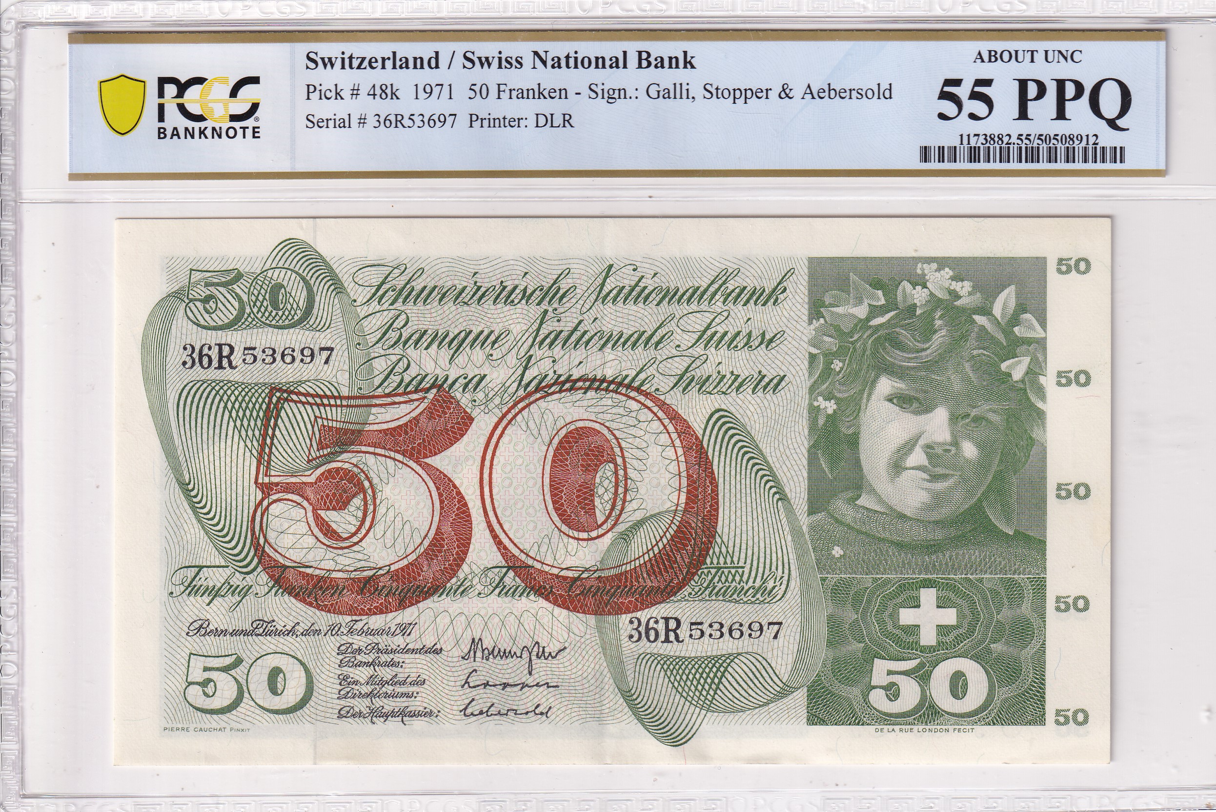 CRPMG041 CRPMG041 BILLETE ENCAPSULADO SUIZA 50 FRANKEN 1971 PCGS 55 - Imagen 1