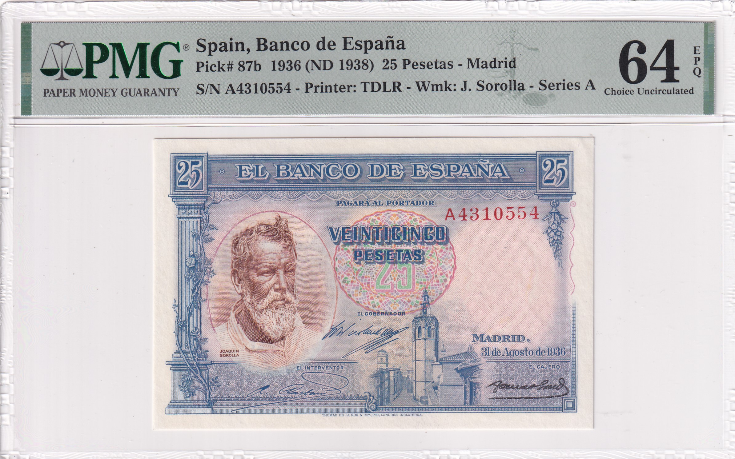 CRPMG051 CRPMG051 BILLETE ENCAPSULADO ESPAÑA 25 PESETAS 1936 SERIE A PMG 64 - Imagen 1