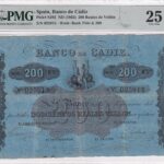 CRPMG052 BILLETE ENCAPSULADO BANCO DE CADIZ 200 REALES DE VELLON 1863 PMG 25