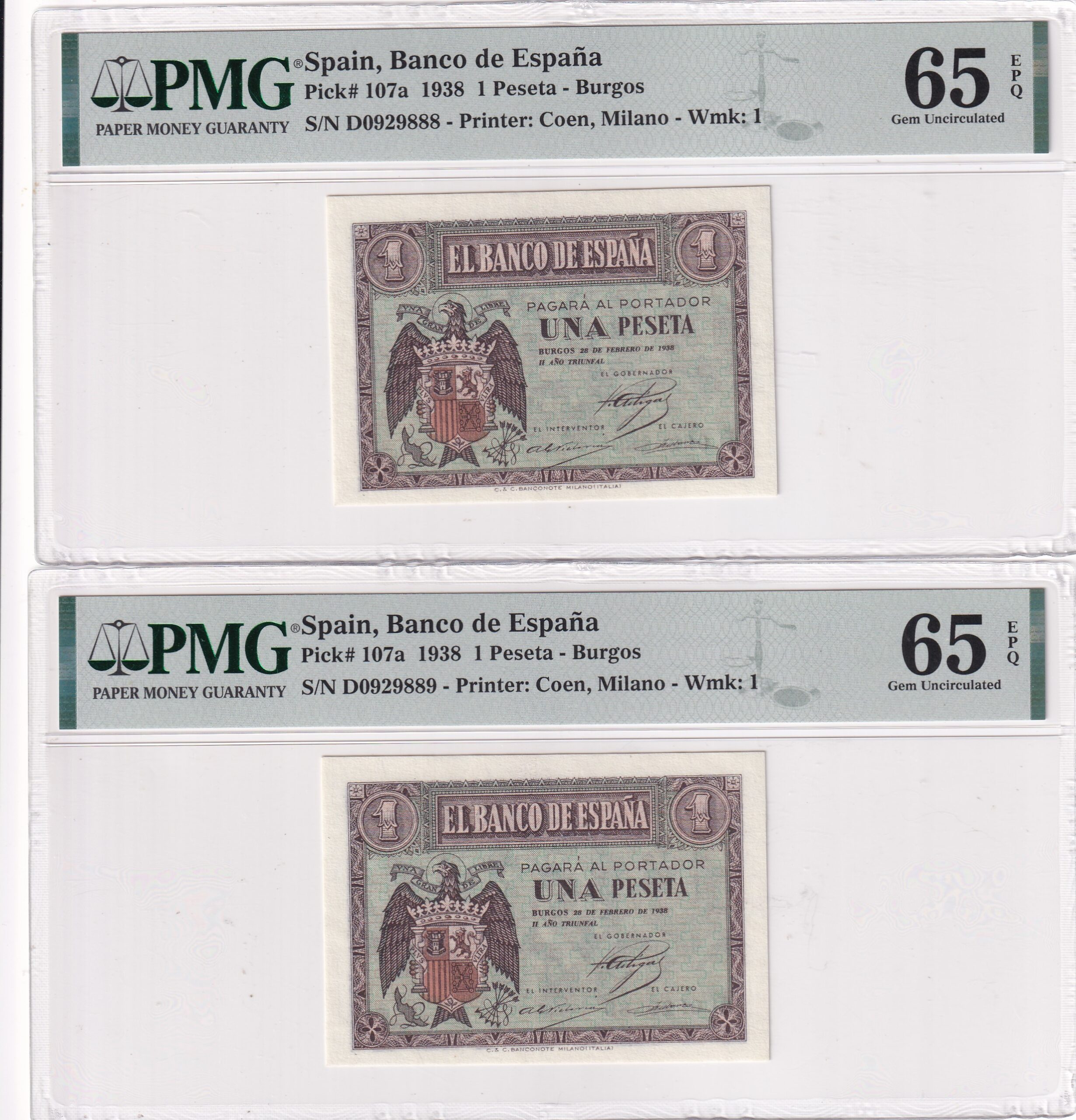 CRPMG056 CRPMG056 PAREJA CORRELATIVA BILLETES ESPAÑA 1 PESETA 1938 SERIE D ENCAPSULADO PMG 65 - Imagen 1