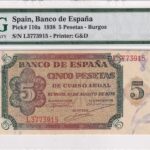 CRPMG057 BILLETE ENCAPSULADO ESPAÑA 5 PESETAS 1938 SERIE L ENCAPSULADO PMG 65
