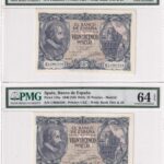 CRPMG058 PAREJA CORRELATIVA BILLETES ESPAÑA 25 PESETA 1940 SERIE C ENCAPSULADO PMG 64