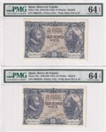 CRPMG058 PAREJA CORRELATIVA BILLETES ESPAÑA 25 PESETA 1940 SERIE C ENCAPSULADO PMG 64