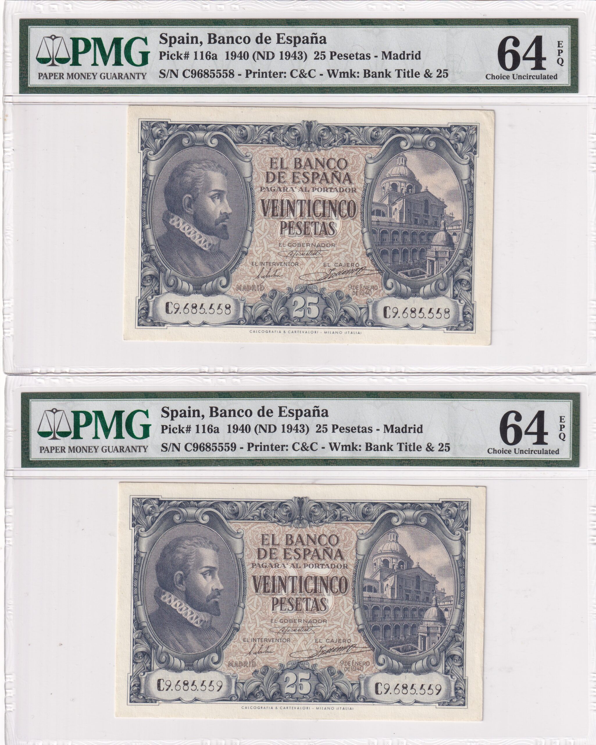 CRPMG058 CRPMG058 PAREJA CORRELATIVA BILLETES ESPAÑA 25 PESETA 1940 SERIE C ENCAPSULADO PMG 64 - Imagen 1