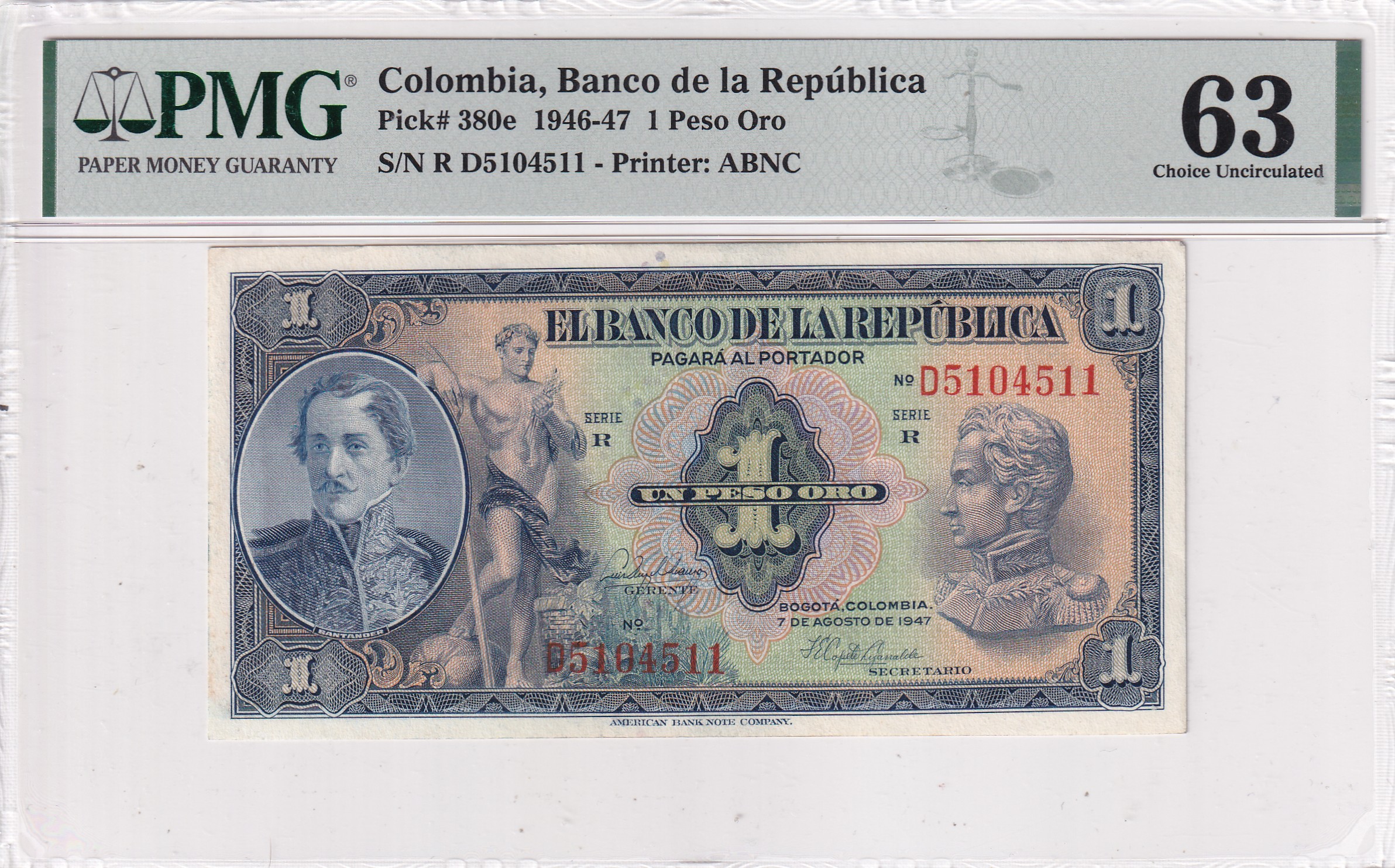 CRPMG062 CRPMG062 BILLETE ENCAPSULADO COLOMBIA 1 PESO ORO PMG 63 - Imagen 1