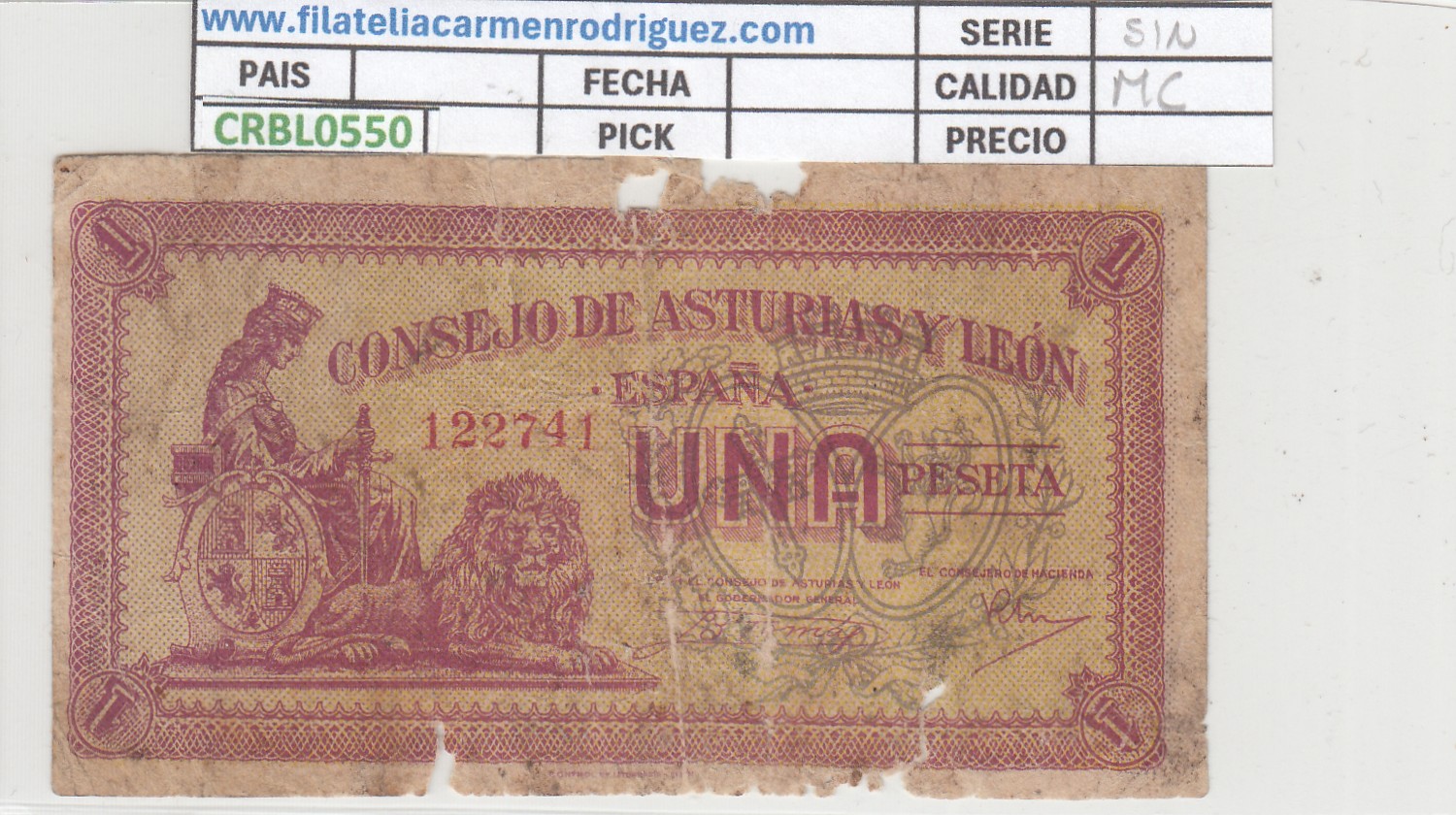 CRBL0550 CRBL0550 BILLETE CONSEJO DE ASTURIAS Y LEON 1 PESETA 1936 MC - Imagen 1