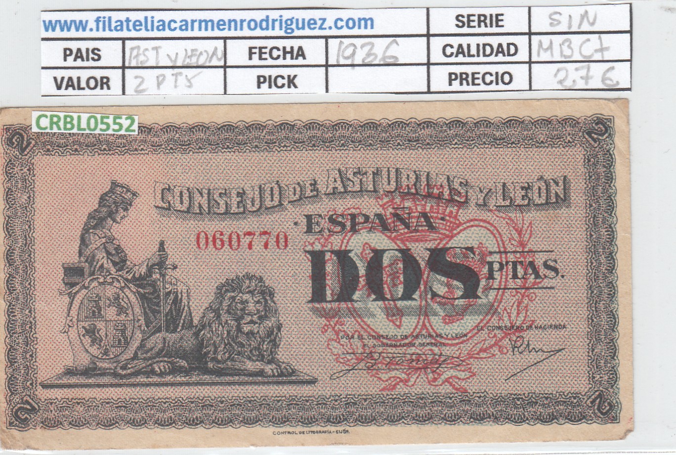 CRBL0552 CRBL0552 BILLETE CONSEJO DE ASTURIAS Y LEON 2 PESETAS 1936 MBC+ - Imagen 1
