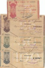 CRBL0557 LOTE 4 BILLETES ESPAÑA BILBAO 1936 DIFERENTES VALORES BC