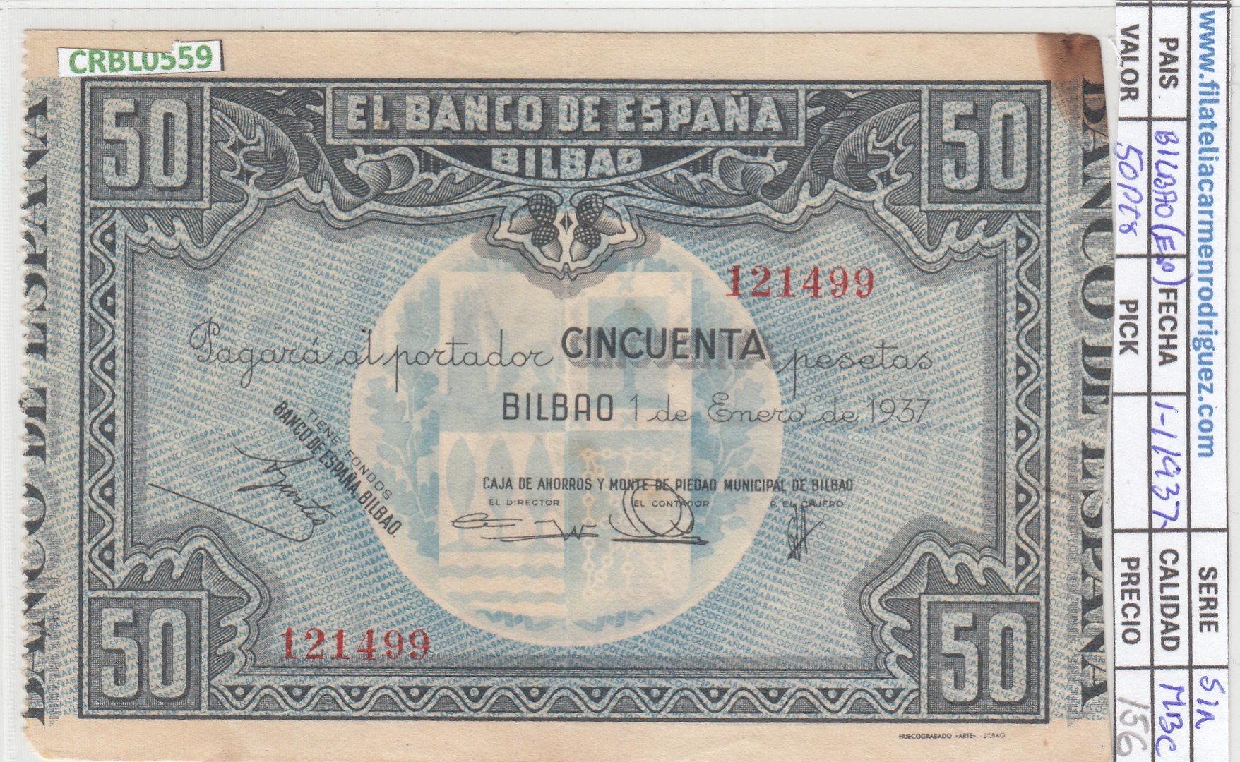 CRBL0559 CRBL0559 BILLETE ESPAÑA BILBAO 50 PESETAS 1937 MBC - Imagen 1