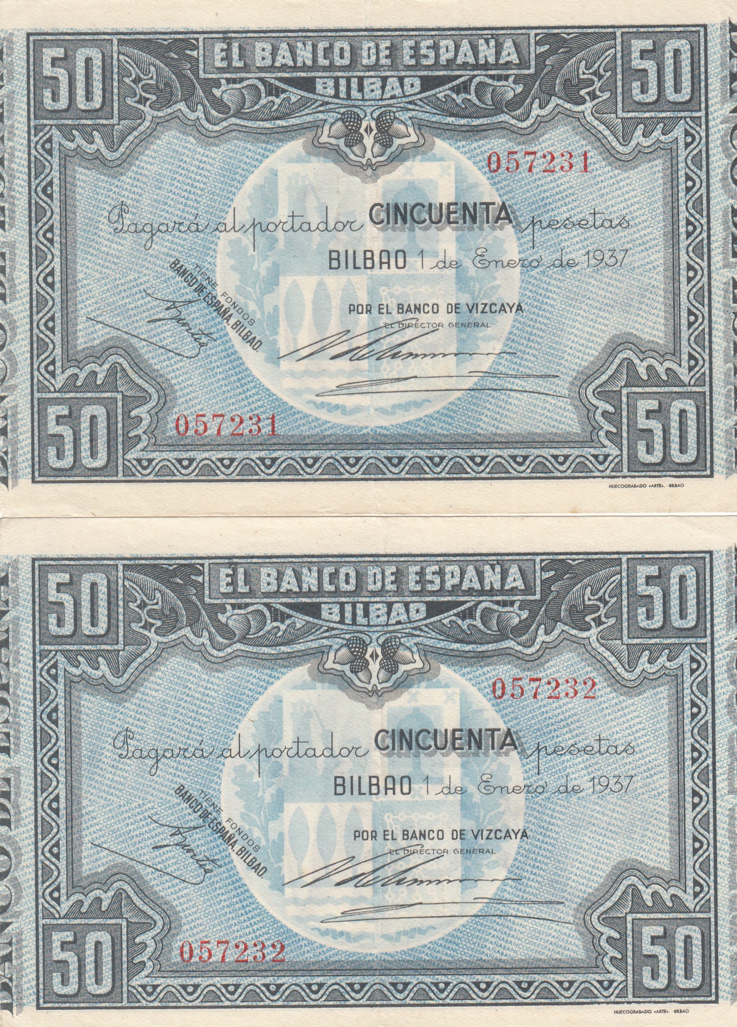 CRBL0561 CRBL0561 PAREJA CORRELATIVA BILLETES ESPAÑA BILBAO 50 PESETAS 1937 EBC+ - Imagen 1