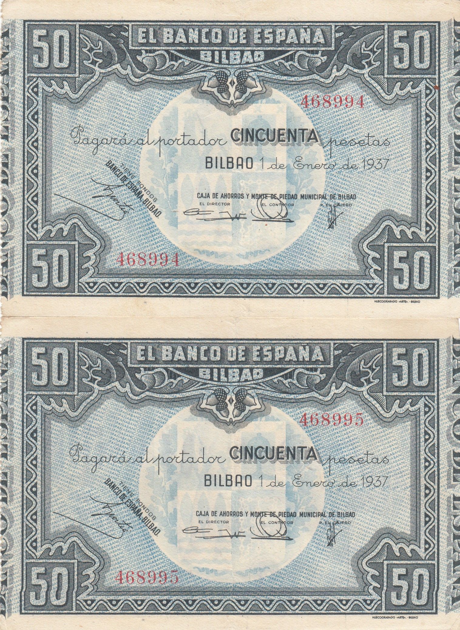 CRBL0562 CRBL0562 PAREJA CORRELATIVA BILLETES ESPAÑA BILBAO 50 PESETAS 1937 EBC+ - Imagen 1