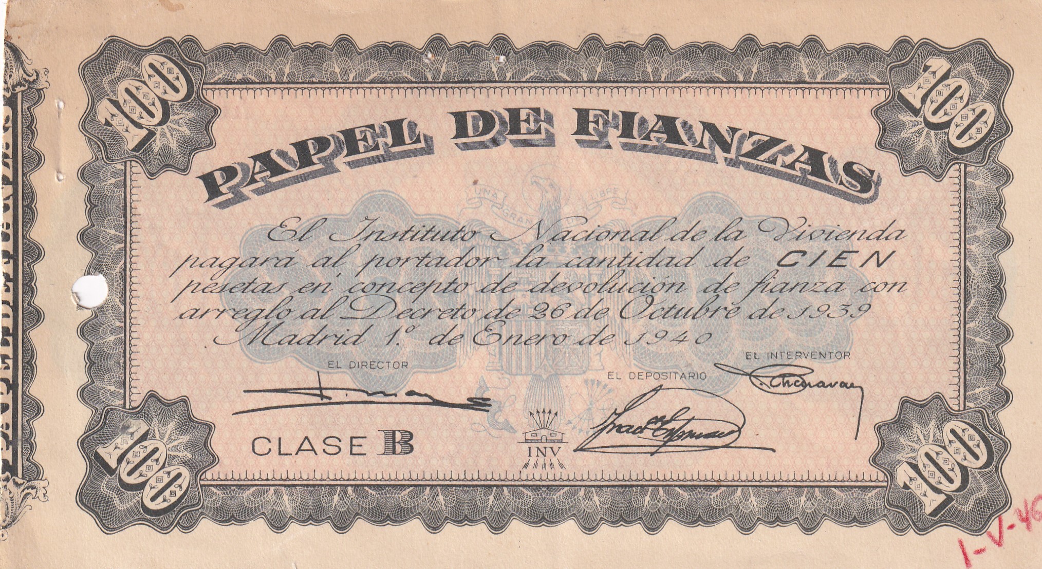 CRBL0581 CRBL0581 PAPEL DE FIANZA 1940 100 PESETAS CON TALADRO BC - Imagen 1
