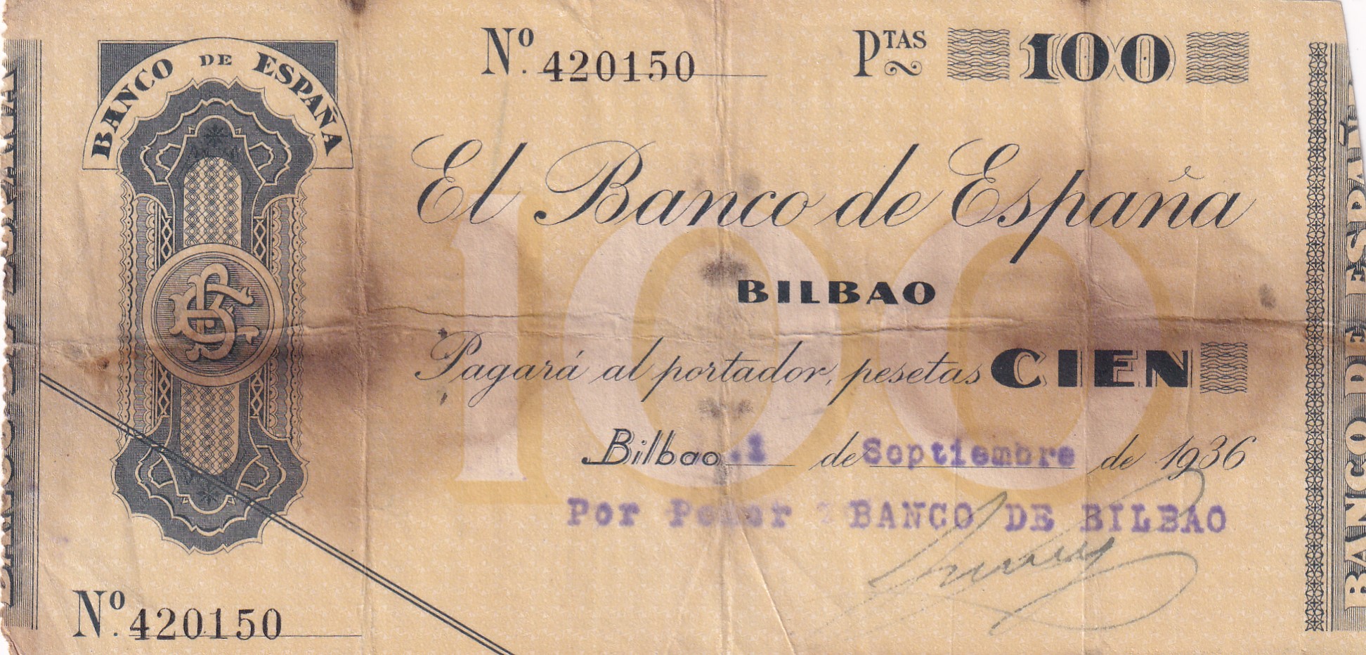 CRBL0590 CRBL0590 BILLETE LOCAL ESPAÑA BILBAO 100 PESETAS 1936 BC - Imagen 1