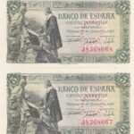 CRBS0806 PAREJA CORRELATIVA BILLETES  5 PESETAS 1945 EBC-SIN CIRCULAR