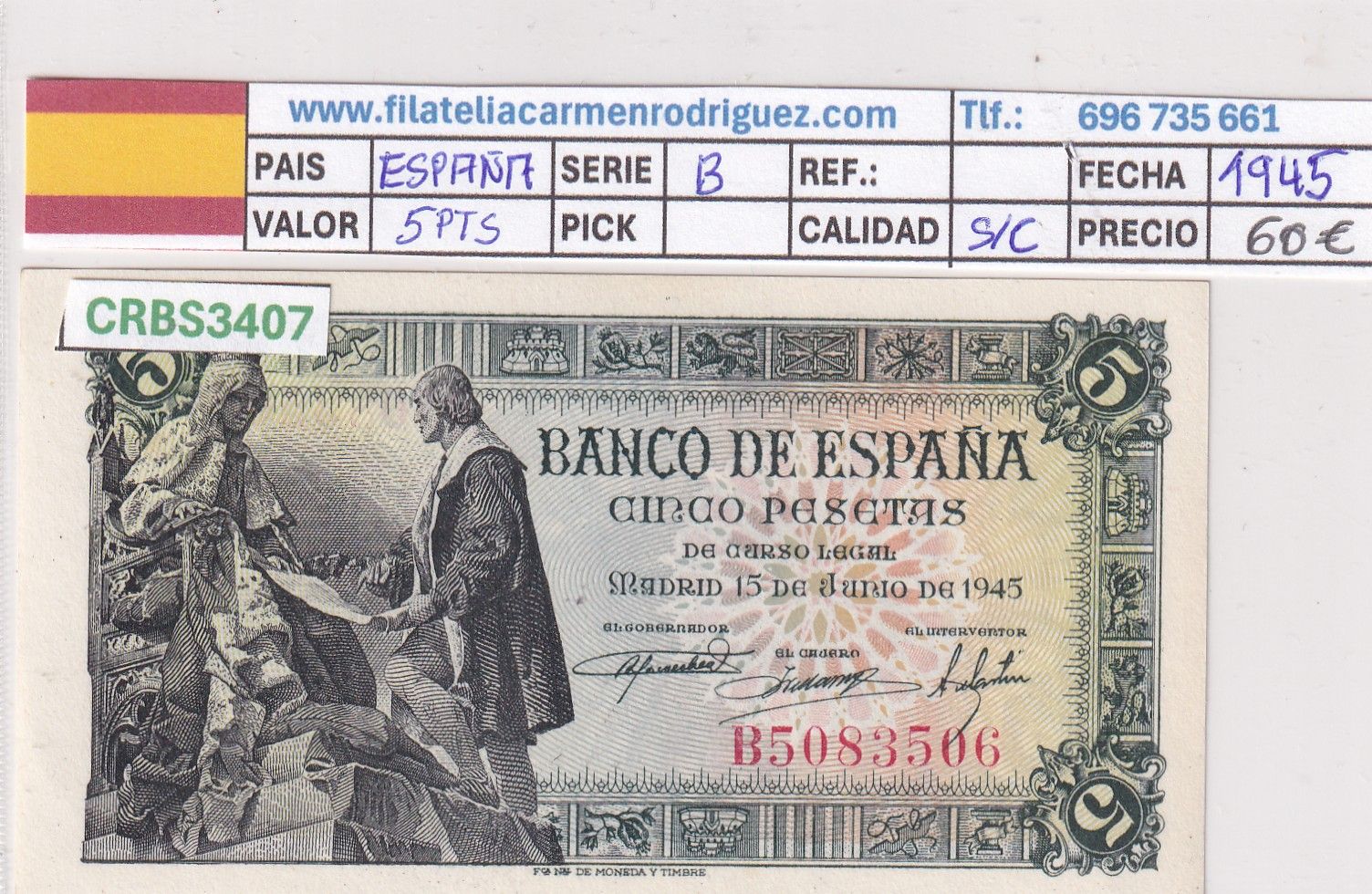 CRBS3407 CRBS3407 BILLETE ESPAÑA 5 PESETAS 1945 SERIE B SIN CIRCULAR - Imagen 1