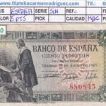 CRBS3410 BILLETE ESPAÑA 5 PESETAS 1945 SIN SERIE MBC