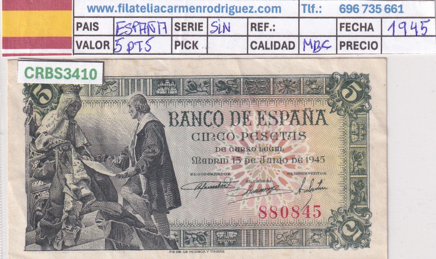 CRBS3410 CRBS3410 BILLETE ESPAÑA 5 PESETAS 1945 SIN SERIE MBC - Imagen 1