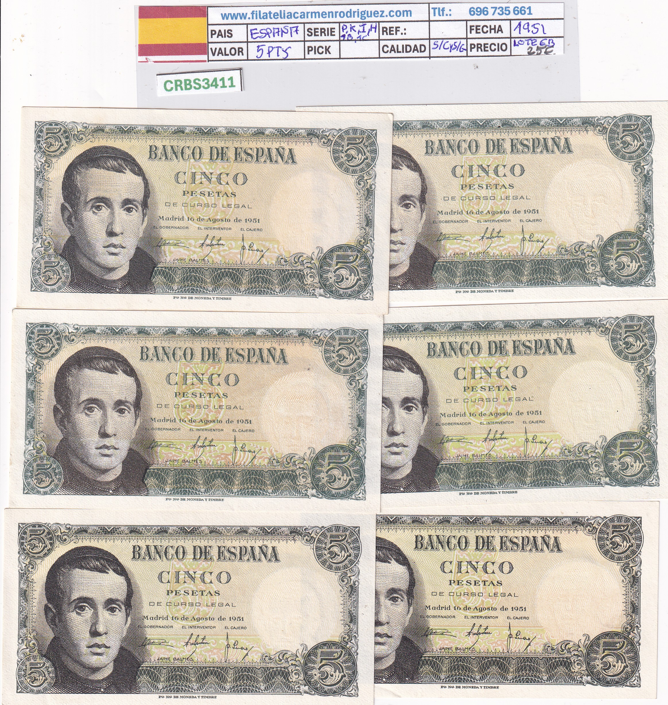 CRBS3411 CRBS3411 LOTE 6 BILLETES ESPAÑA 5 PESETAS 1951 DIFERENTES SERIES S/C- S/C - Imagen 1