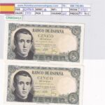 CRBS3412 PAREJA CORRELATIVA BILLETES ESPAÑA 5 PESETAS 1951 SERIE Q SIN CIRCULAR