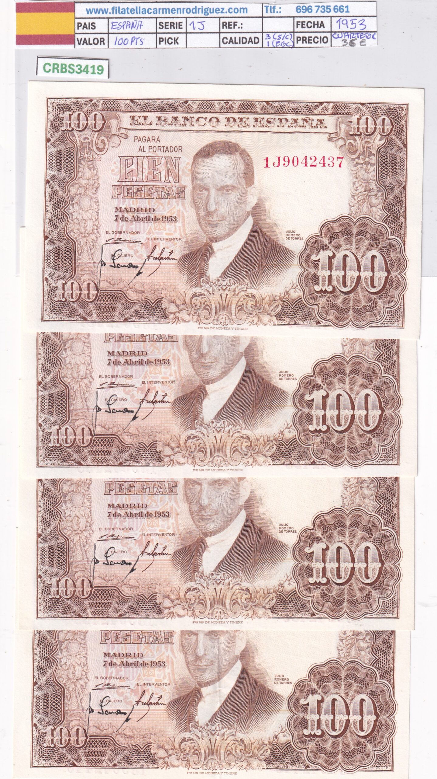 CRBS3419 CRBS3419 LOTE 4 BILLETES ESPAÑA 100 PESETAS 1953 SERIE 1J S/C Y EBC - Imagen 1