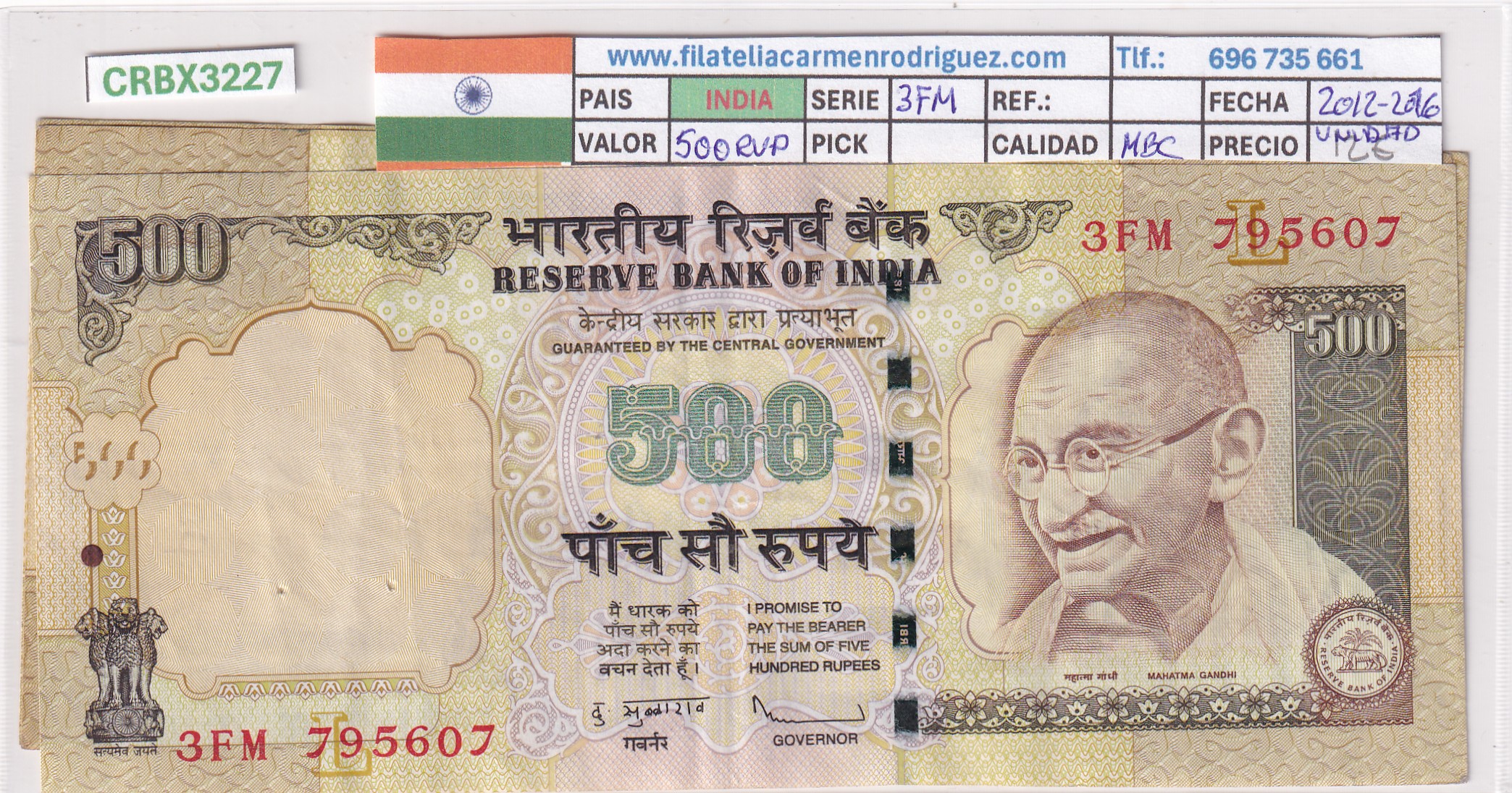 CRBX3227 CRBX3227 BILLETE INDIA 500 RUPIAS 2012-16 SERIE 3FM MBC - Imagen 1