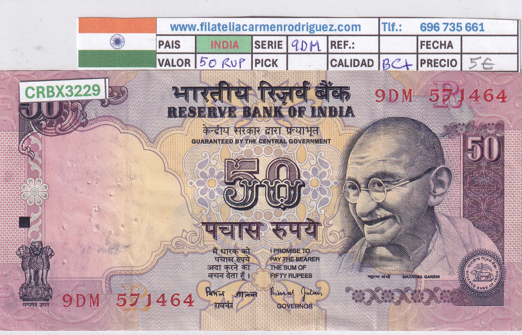 CRBX3229 CRBX3229 BILLETE INDIA 50 RUPIAS SERIE 9DM BC - Imagen 1