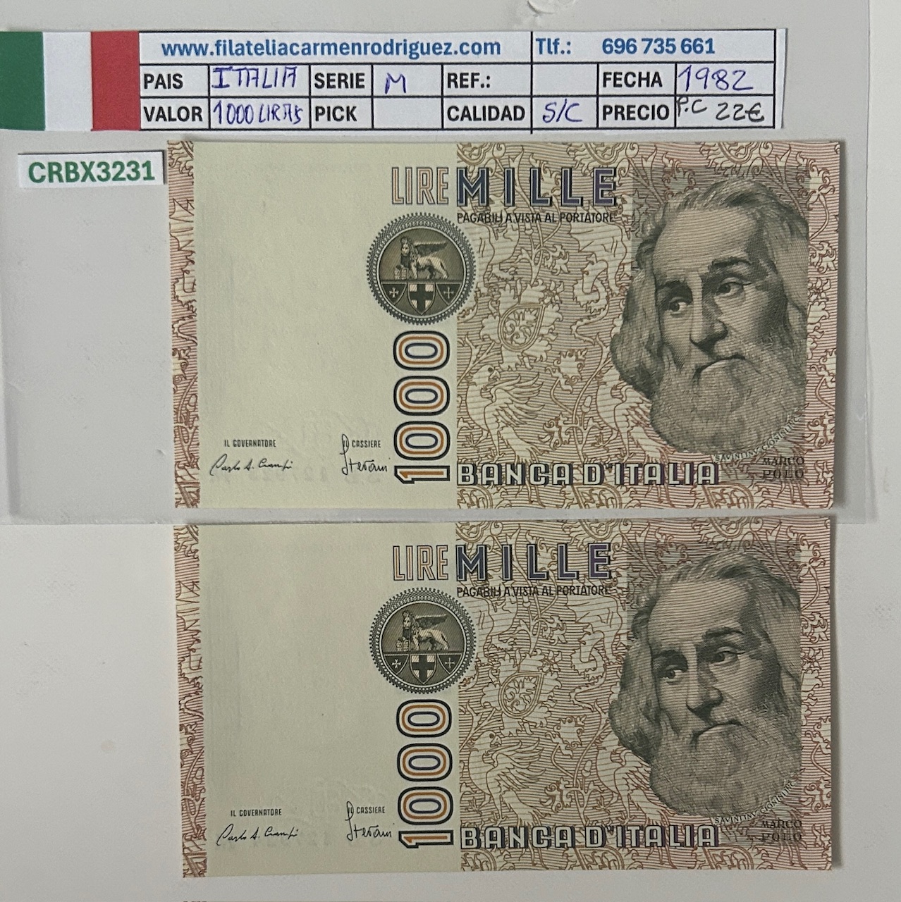 CRBX3231 CRBX3231 BILLETES PAREJA CORRELATIVA ITALIA 1000 LIRAS 1982 SERIE M SIN CIRCULAR - Imagen 1