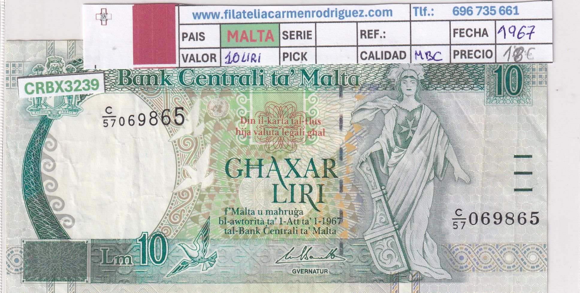 CRBX3239 CRBX3239 BILLETE MALTA 10 LIRAS 1967 SERIE C MBC - Imagen 1