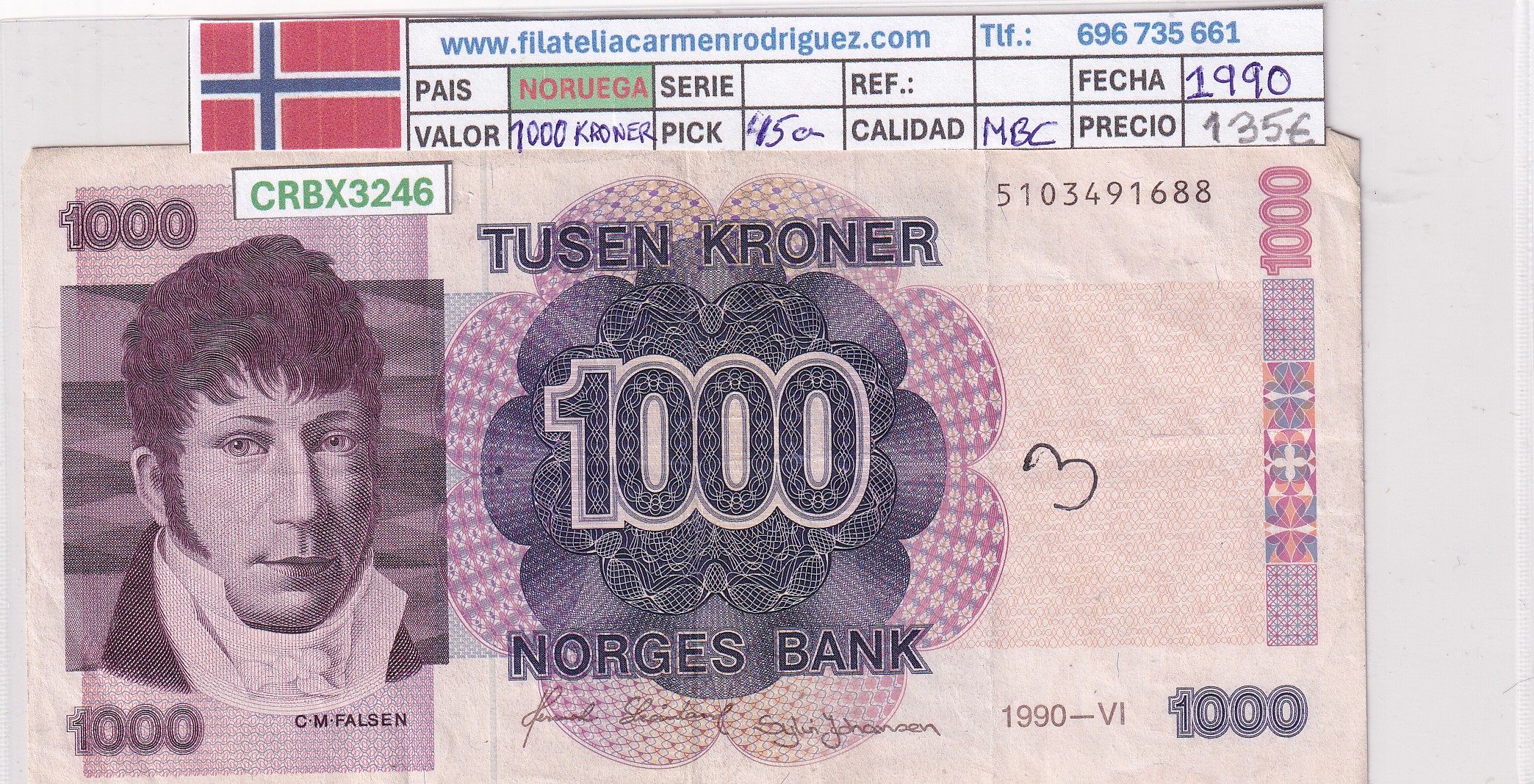 CRBX3246 CRBX3246 BILLETE NORUEGA 1000 CORONAS 1990 MBC CON ESCRITURA - Imagen 1