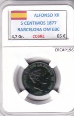 CRCAP196 MONEDA ESPAÑA ALFONSO XII 5 CENTIMOS 1877 BARCELONA OM EBC