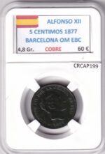 CRCAP199 MONEDA ESPAÑA ALFONSO XII 5 CENTIMOS 1877 BARCELONA OM EBC