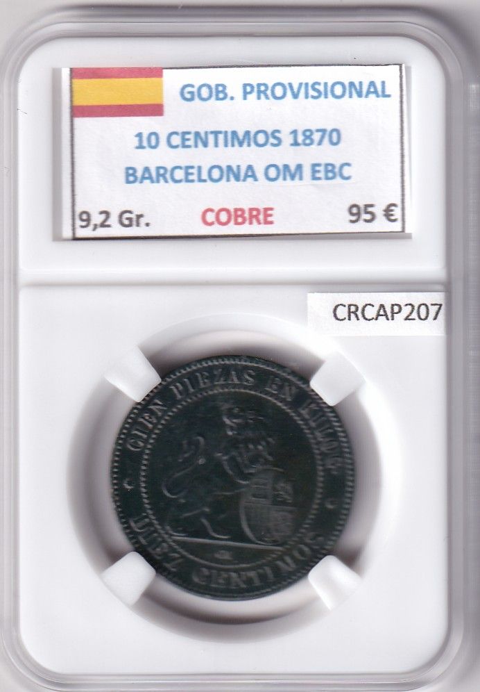 CRCAP207 CRCAP207 MONEDA ESPAÑA GOB. PROVISIONAL 10 CENTIMOS 1870 BARCELONA OM EBC - Imagen 1