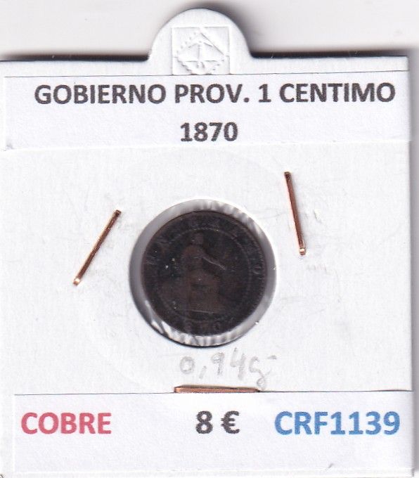 CRF1139 CRF1139 MONEDA ESPAÑA GOBIERNO PROVISIONAL 1 CENTIMO 1870 COBRE - Imagen 1