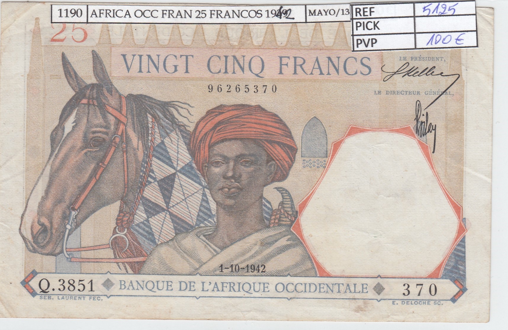 CRJ1190 CRJ1190 BILLETE AFRICA OCC. FRAN. 25 FRANCOS 1942 P-27a.4 MBC- - Imagen 1